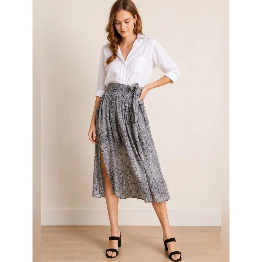 Maeve Midi Skirt Womens 6 Gray Snakeskin Print Pleated Side Tie Anthropologie